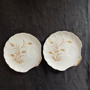 Lefton‎ China Golden Wheat Snack Plates Set of 2 Scalloped Gold Trim Japan MCM